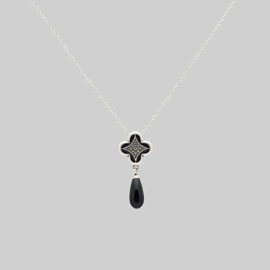 ANNIE. Tudor Crest Black Enamel Necklace - Silver