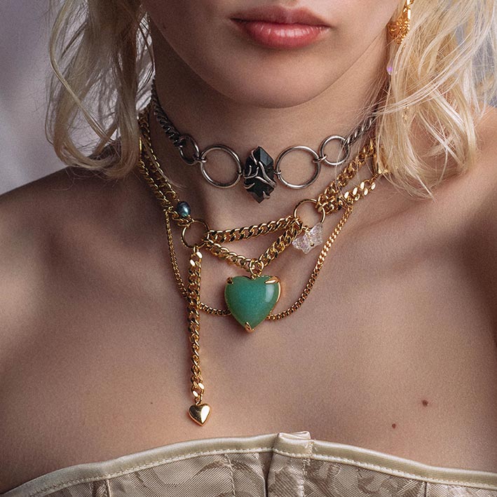 METAMORPHOSIS. Gemstone Heart & Chain Charm Necklace - Gold - Image 2